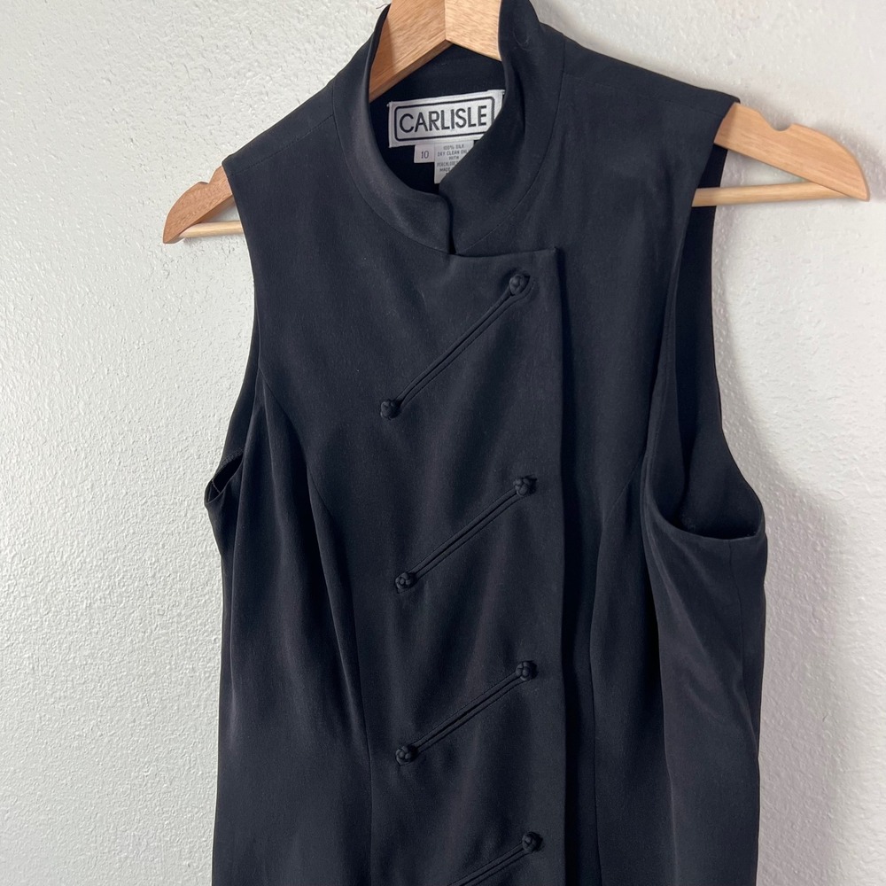 Carlisle Black 100% Silk Mandarin Collar Frog Button Sleeveless Midi Dress 10 - Picture 4 of 11